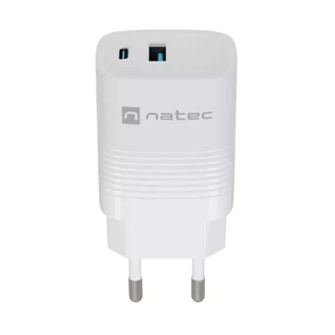 Зарядно устройство Natec Ribera GaN (NUC-2140), от контакт към 1x USB-A(ж), 1x USB-C(ж), 5V/3A, бяло, PD 3.0, 30W