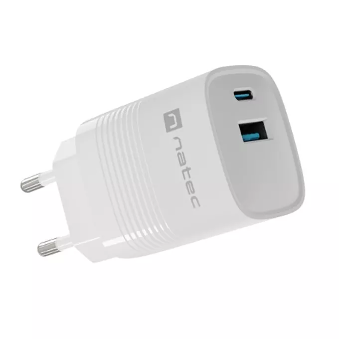 Зарядно устройство Natec Ribera GaN (NUC-2140), от контакт към 1x USB-A(ж), 1x USB-C(ж), 5V/3A, бяло, PD 3.0, 30W