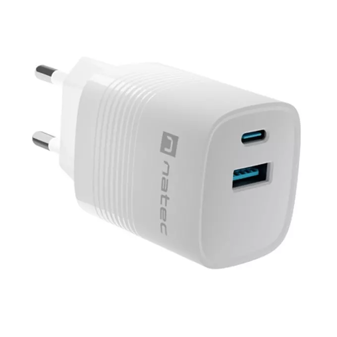Зарядно устройство Natec Ribera GaN (NUC-2140), от контакт към 1x USB-A(ж), 1x USB-C(ж), 5V/3A, бяло, PD 3.0, 30W